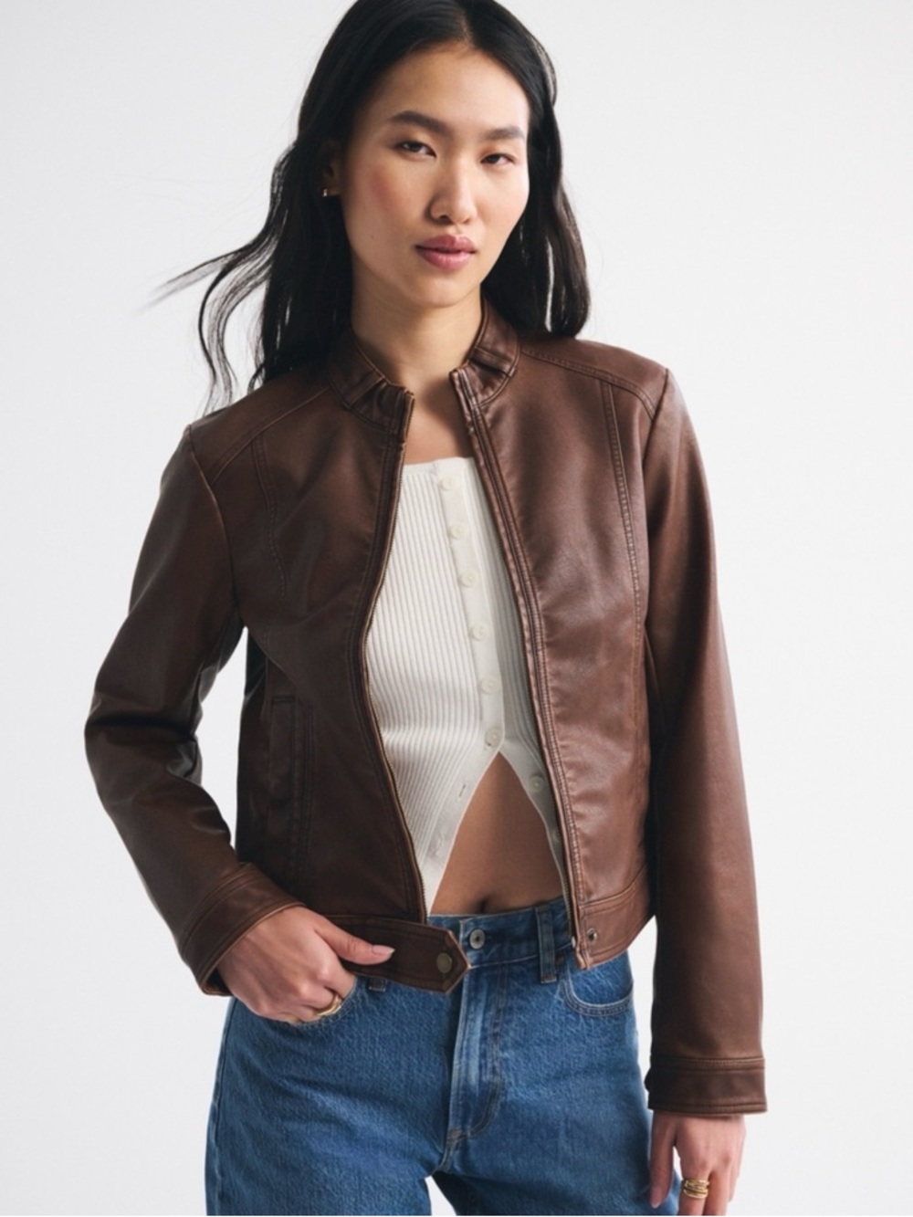 Abercrombie Mockneck Brown Leather Jacket